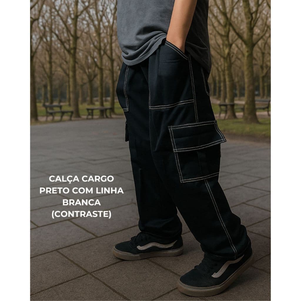 Calça Cargo Sarja com Linha Branca Contraste Moda Unissex Masculino Feminino com Elástico na Cintura