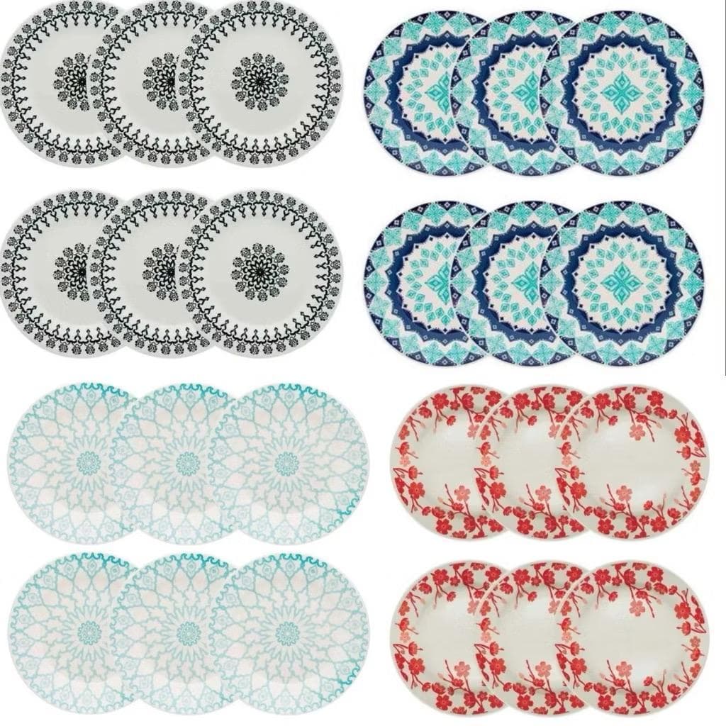 Jogo de Pratos Fundo Jantar Decorado Louça Cerâmica Lindo 12 peças Biona 22cm Mesa Posta
