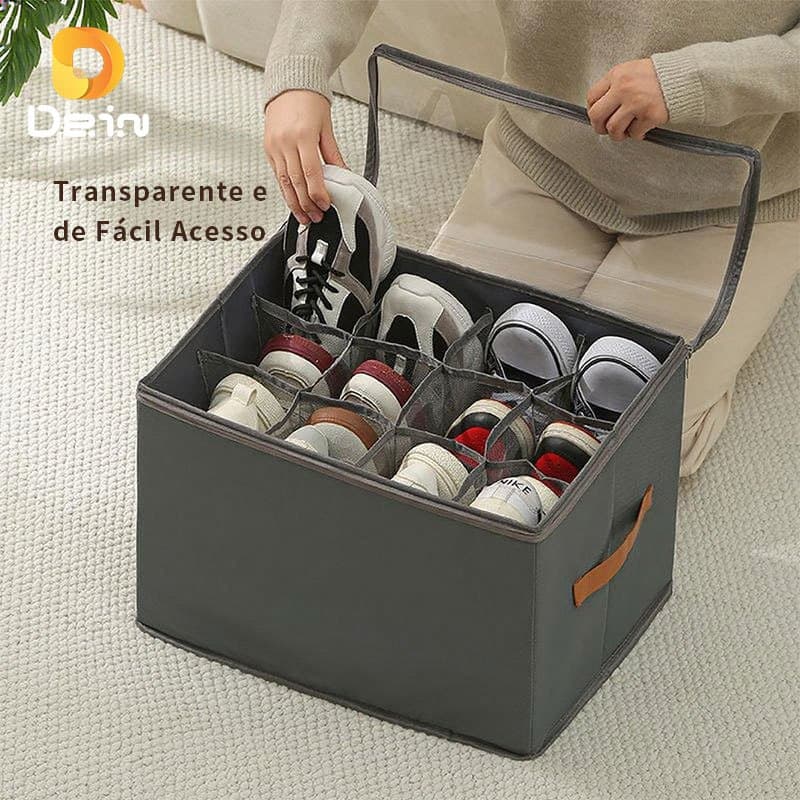 Caixa Organizadora 6 Pares de Sapato 43x32x30cm | Dobrável com Tampa Transparente e Divisórias