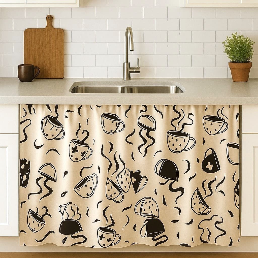 Cortina De Pia Cozinha Estampada 1,40m X 80 Com Ilhós Branco