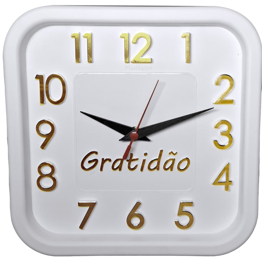 Relógio de Parede Branco  com Dourado Sigma Quadrado Gratidão 24 cm Silencioso Decoração Sala Cozinha Escritório