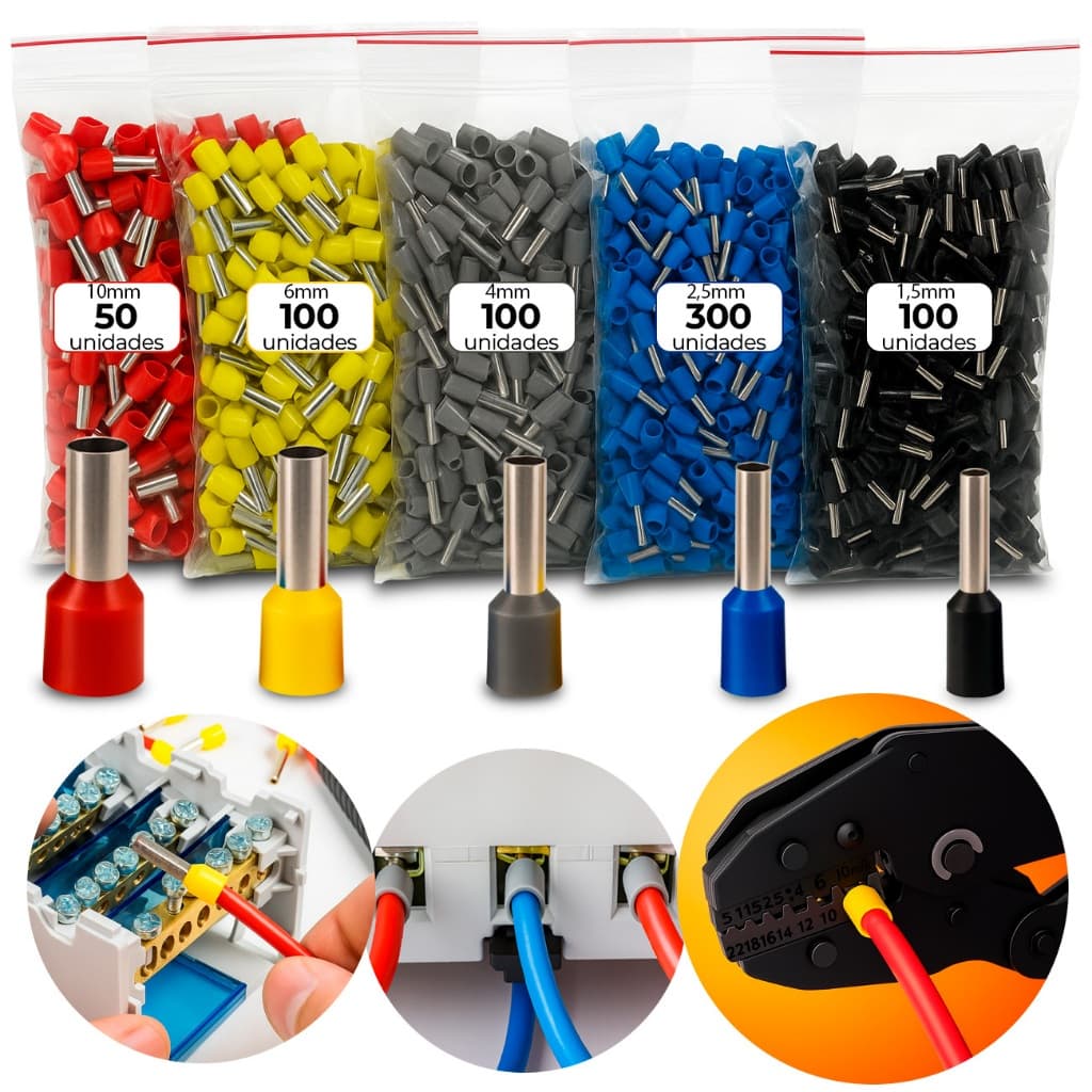 Kit 650 Terminal Conector Tubular 1,5/2,5/4/6/10mm Ilhós Pré isolado Tubolar Cabos e Fios Elétricos