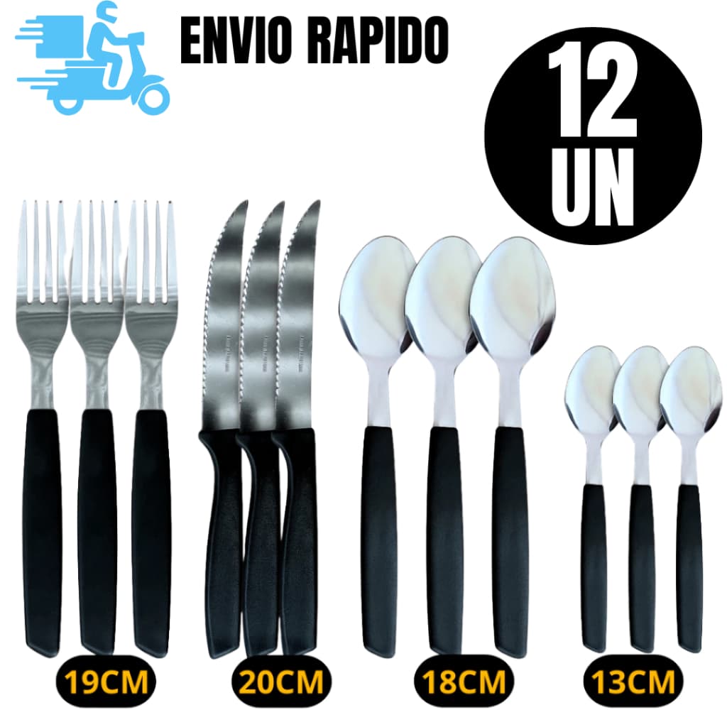 KIT 12 Peças Sendo 3 Garfos 3 Colheres 3 Facas e 3 Colheres de Chá 100%Inox Cabo Plástico