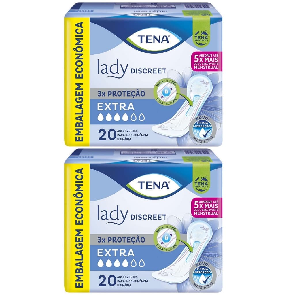 Kit 2ptes Absorvente TENA Lady Discreet Extra 20un cada - Total 40un (AZUL)