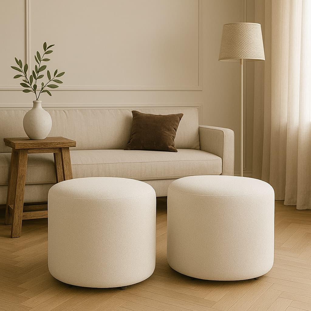 Kit 2 Puffs Bouclé Aura Estilo Orgânico Tecido Boucle Redondo para Sala Quarto Recepção - Casa Viva Decor