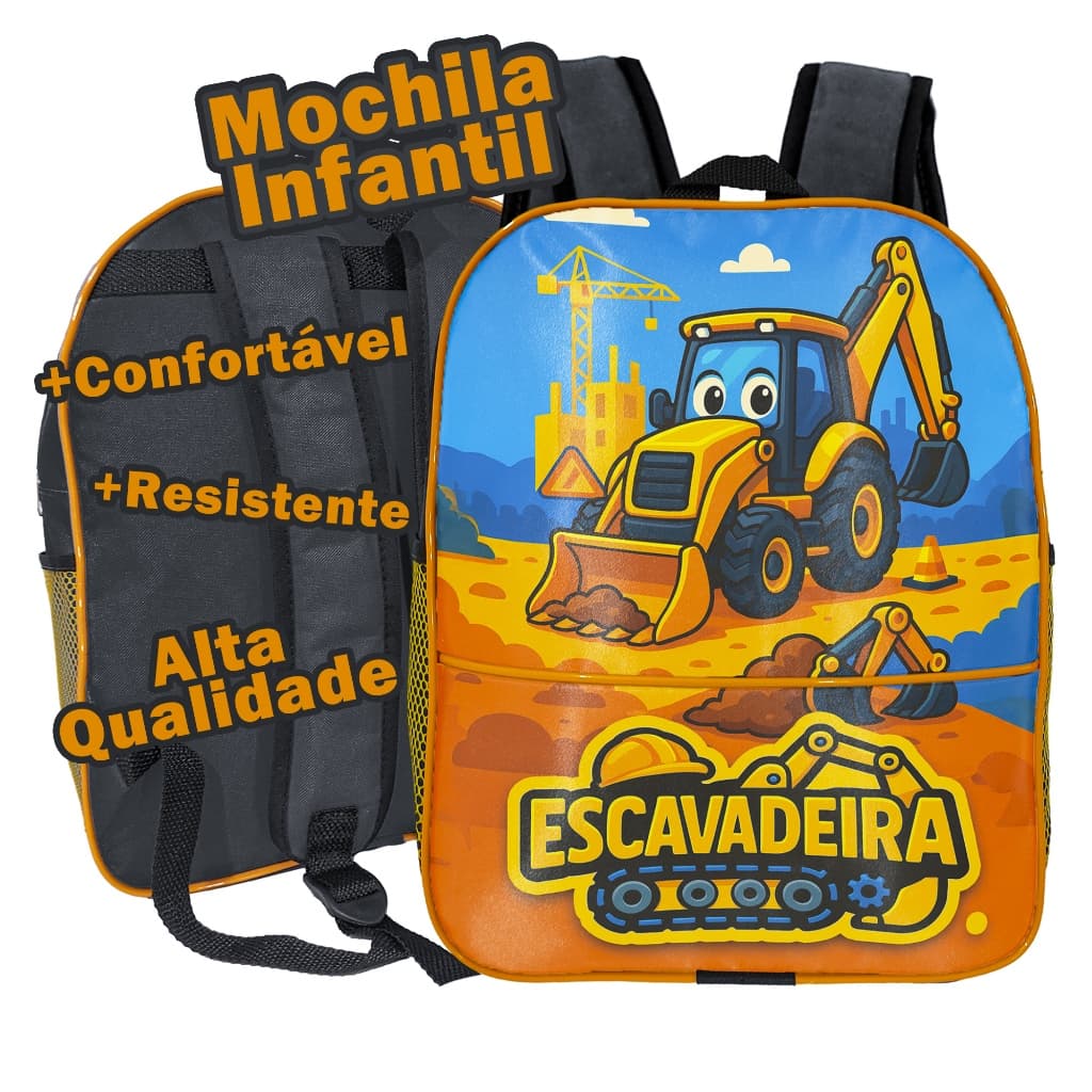 Mochila Infantil Menino Escavadeira Trator Bolsa com Alça Regulável Reforçada Personagem