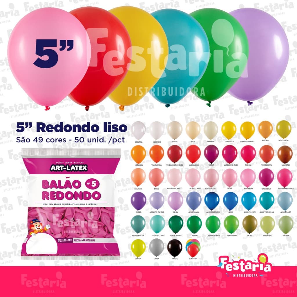 Balão Redondo 5"  Diversas Cores  – 50 Unid – Art Latex