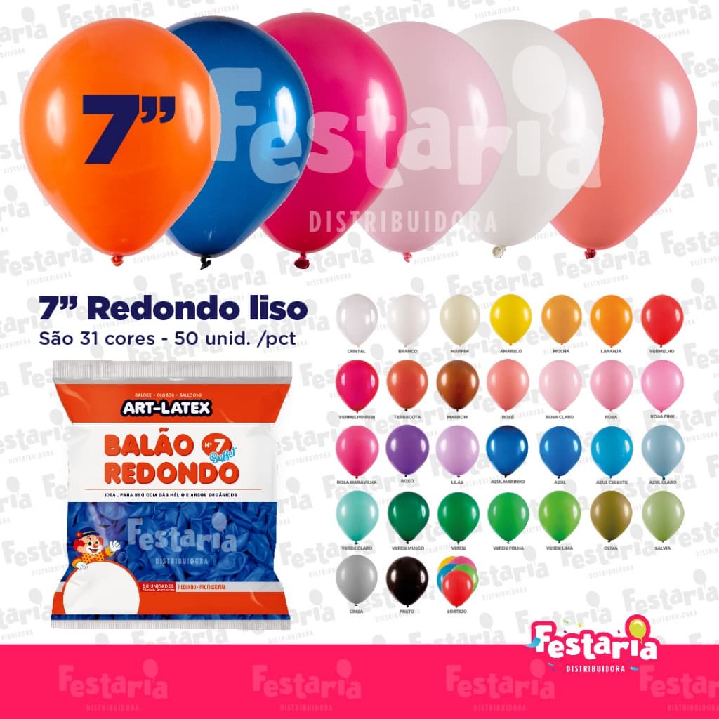 Balão Redondo 7" Diversas Cores  – 50 Unidades – Art Latex