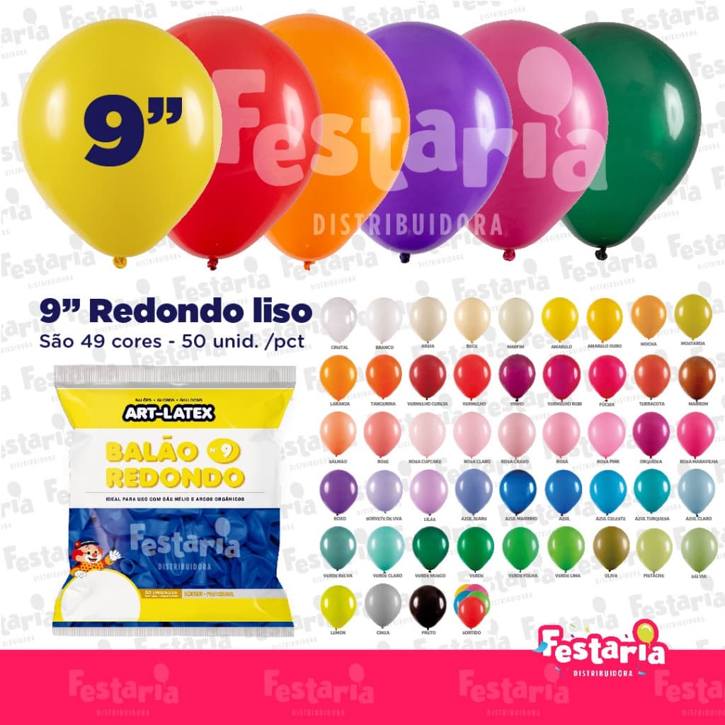 Balão Redondo 9" Diversas Cores  – 50 Unidades – Art Latex