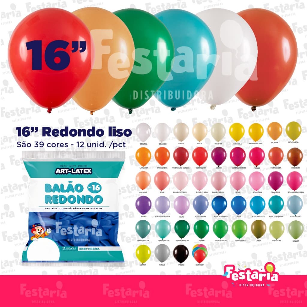 Balão Redondo 16" Diversas Cores  – 12 Unid – Art Latex