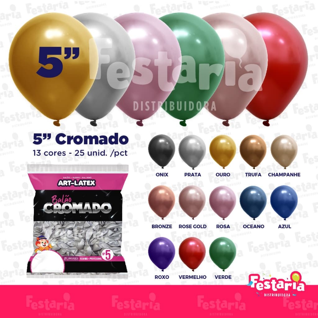 Balão Cromado 5" Diversas Cores  – 25 Unidades – Art Latex