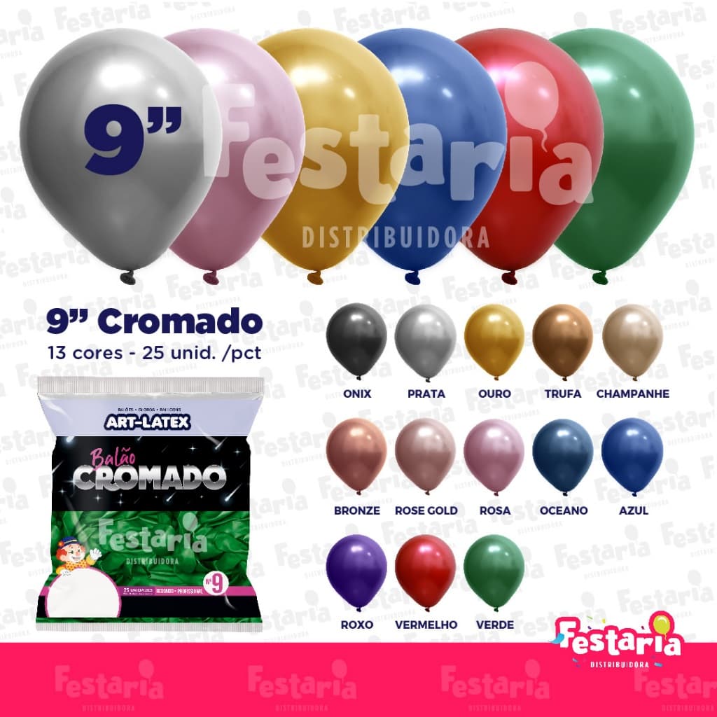 Balão Cromado 9" Diversas Cores  – 25 Unid – Art Latex