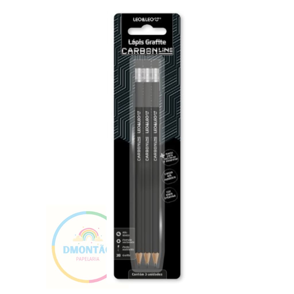 LÁPIS GRAFITE MADEIRA C/ BORR. CARBON LINE - BLISTER C/ 3 UND LEO&LEO
