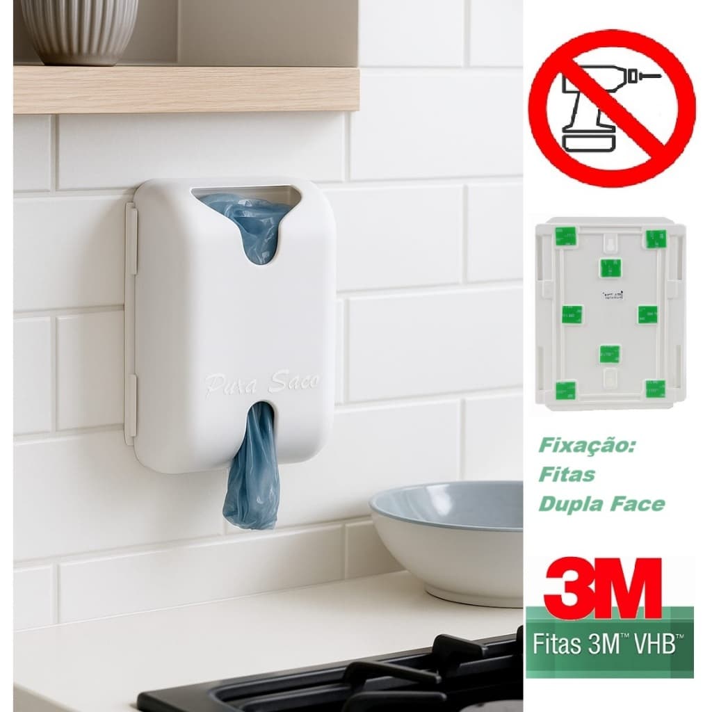 Puxa Saco Branco Dispenser Sacolas Fixação 3M