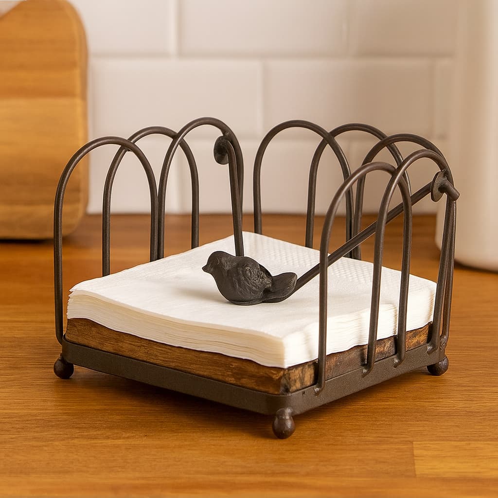 Porta Guardanapo Quadrado Pequeno com Passarinho em Ferro Marrom Decoração para Mesa Farmhouse