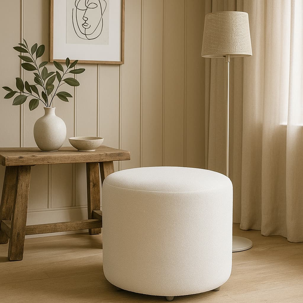 Puff Bouclé Aura Estilo Orgânico Tecido Boucle Redondo para Sala Quarto Recepção - Casa Viva Decor