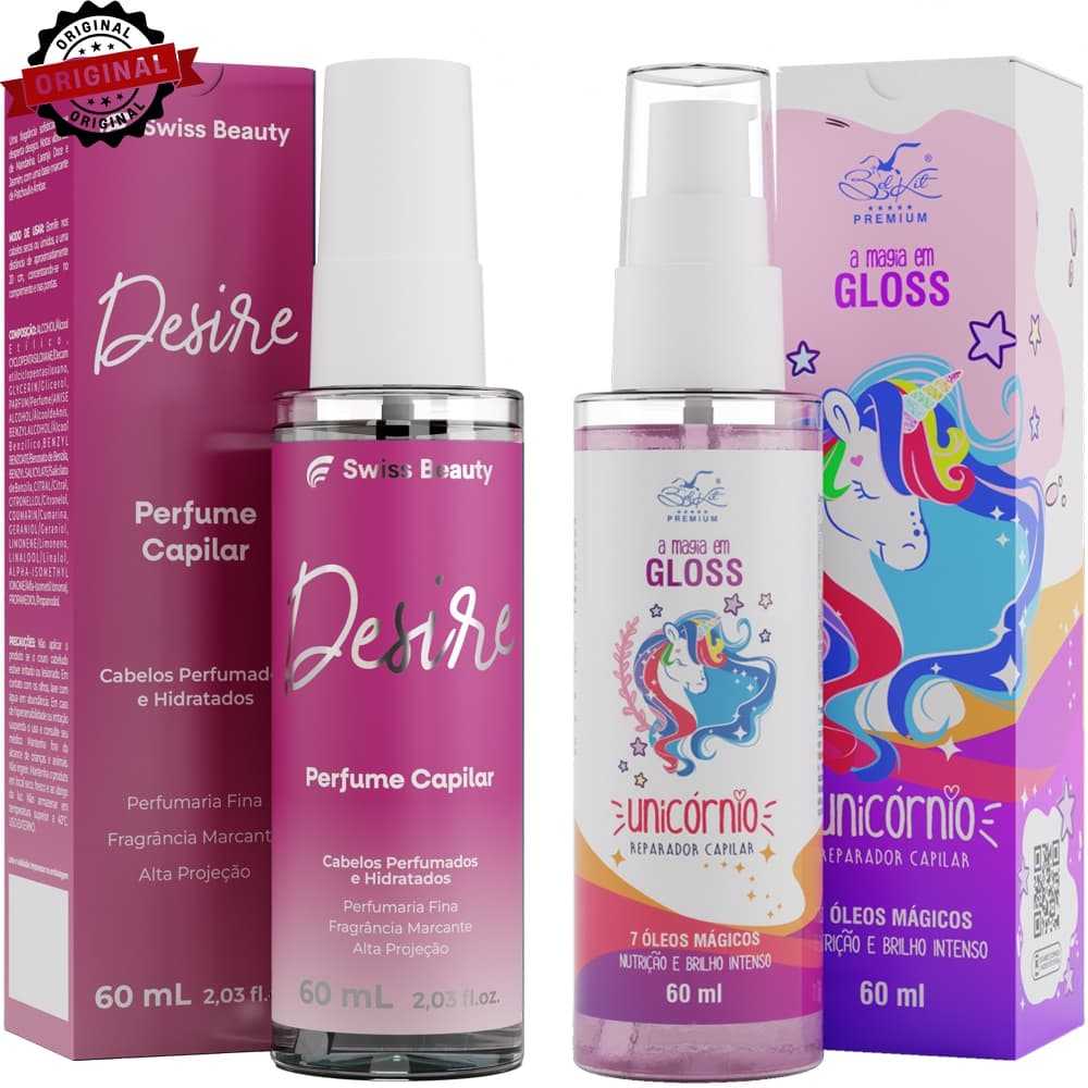 Kit 2 Itens - Perfume Capilar 60ml + Gloss Unicórnio 60ml | Com brilho