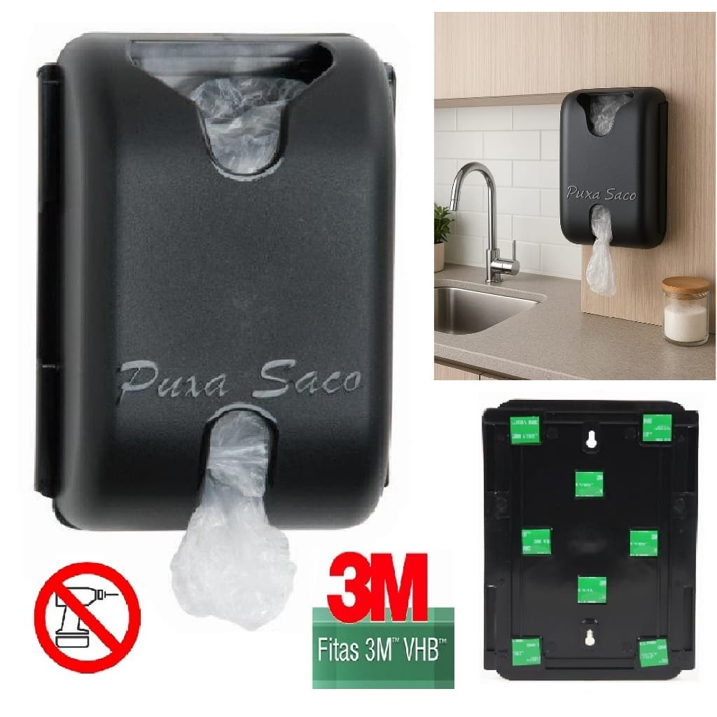 Puxa Saco Sacolas plásticas PRETO Fixação Fita 3M