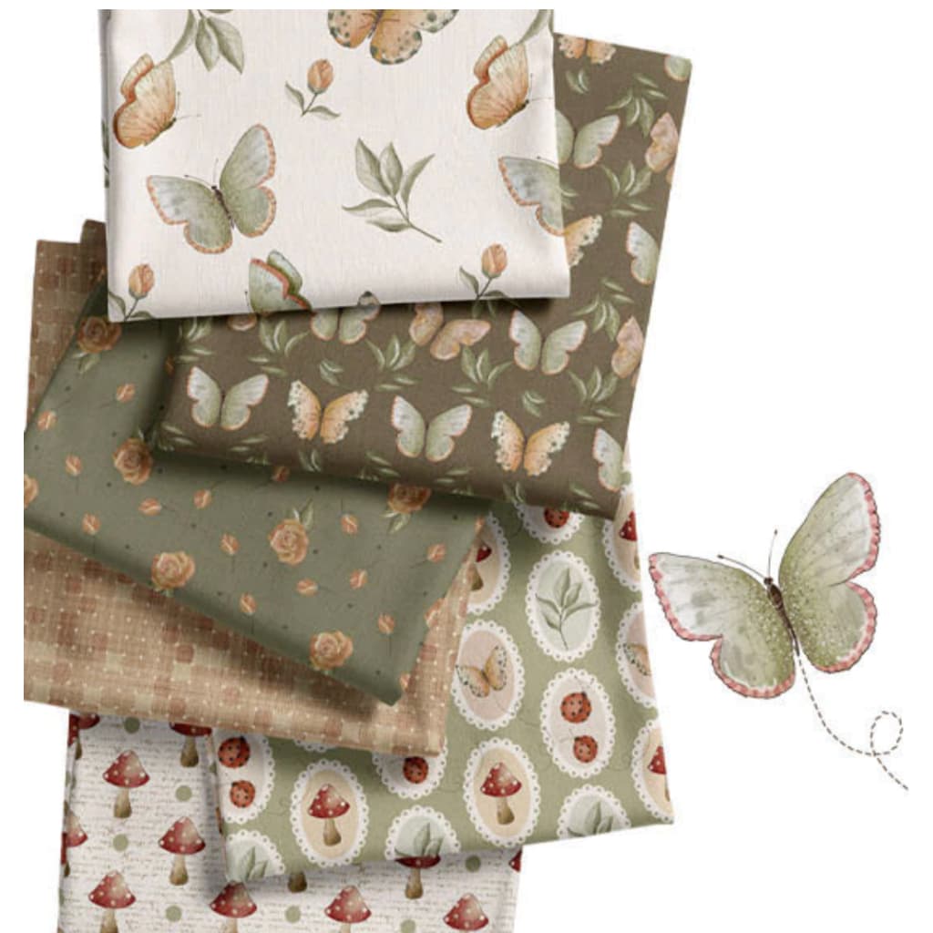Tecido Tricoline Coleção Jardim borboletas e cogumelos Garden 50cmx150cm -Fricotes e Fuxicos Digital