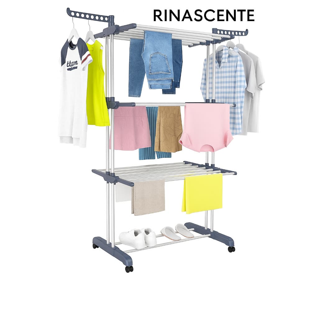 Varal de Chão Dobrável Portátil 3 Andares – Compacto, Resistente com Suporte para Cabides e Fácil de Guardar