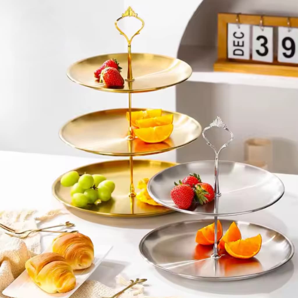 Bandeja Dupla e Tripla Luxo 100% Metal Para Doces CupCake  2 ou 3 Andares Luxo Dourado Praya Suporte Prato