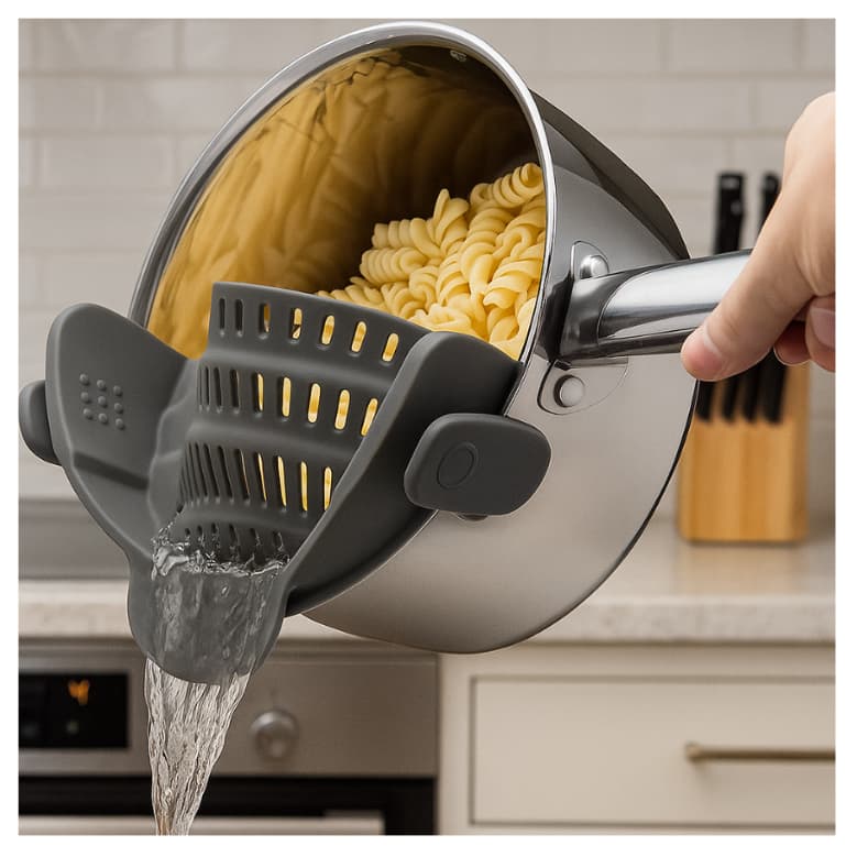 Escorredor de Macarrão e Legumes para Panela com Clipe Ajustável | de Silicone Resistente ao Calor
