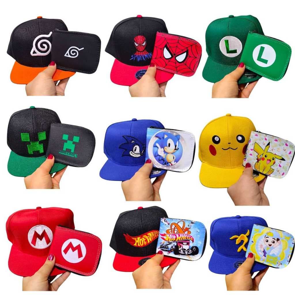 Kit Infantil Boné Ajustável e Carteira Pequena Couro Sintético Presente de Criança