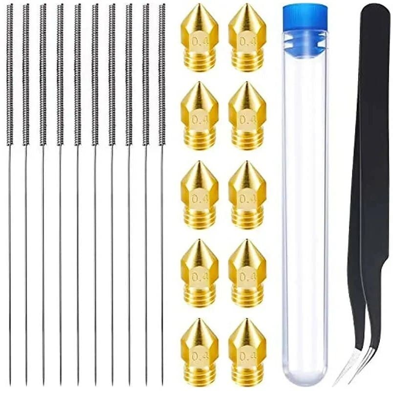 10 peças Bico 0.4mm 10 Agulhas de limpeza de aço inoxidável 1 Pinça preta para impressoras 3D Creality Ender-3