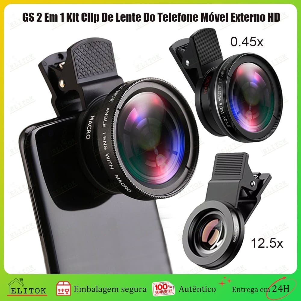 Lente 2 em 1 para Celular com Clipe Universal – Super Macro 12.5x e Grande Angular 0.45X, Ideal para Fotos em HD