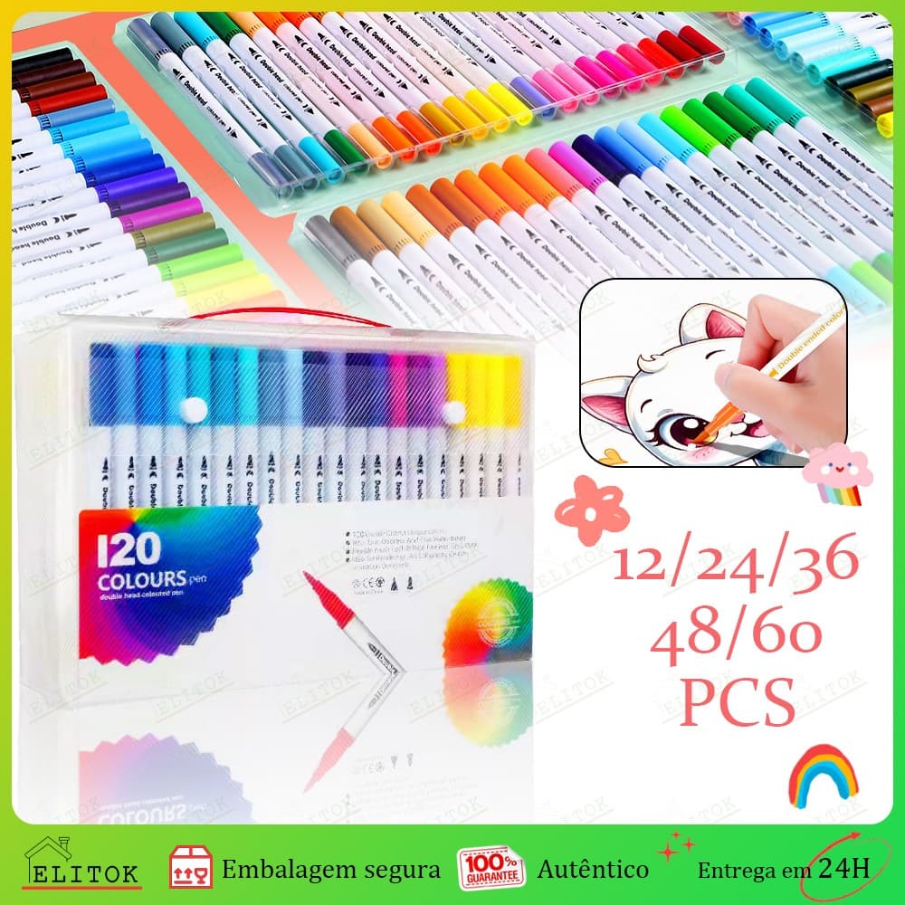 Kit Caneta 2 em 1 Brush Lettering e Ponta Fina Dual Pen Canetinha Colorir Desenho 12/24/36/48/60