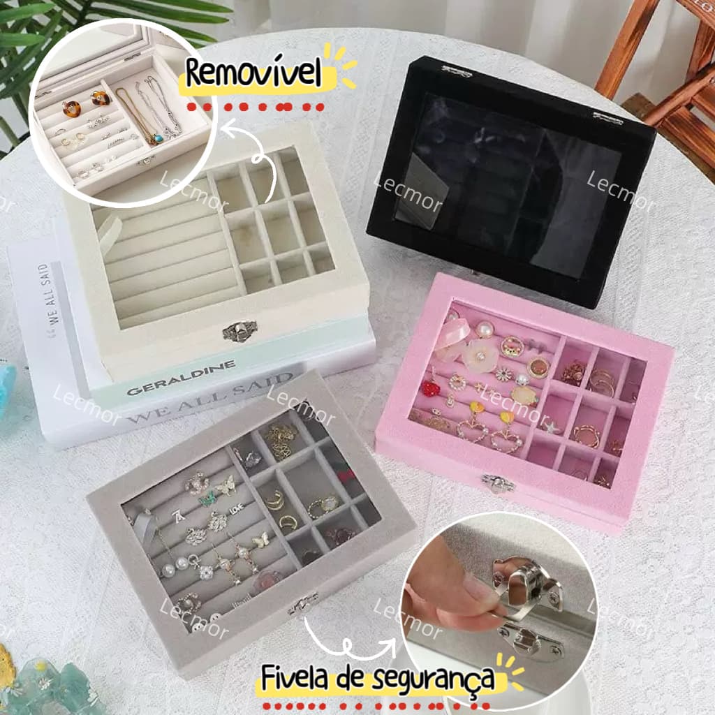 Porta Joias De Veludo Com Tampa Caixa Organizadora de Jóias Adaptável E Fecho Luxo Bijuterias Brincos Anéis Dedeira