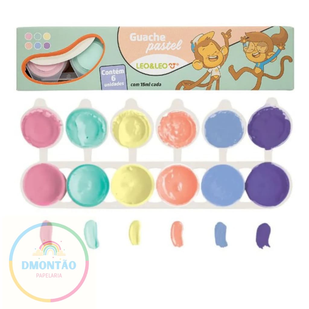 Guache Escolar Tons Pasteis - CAIXA C/6 CORES - 15ML POR POTE - LEO E LEO
