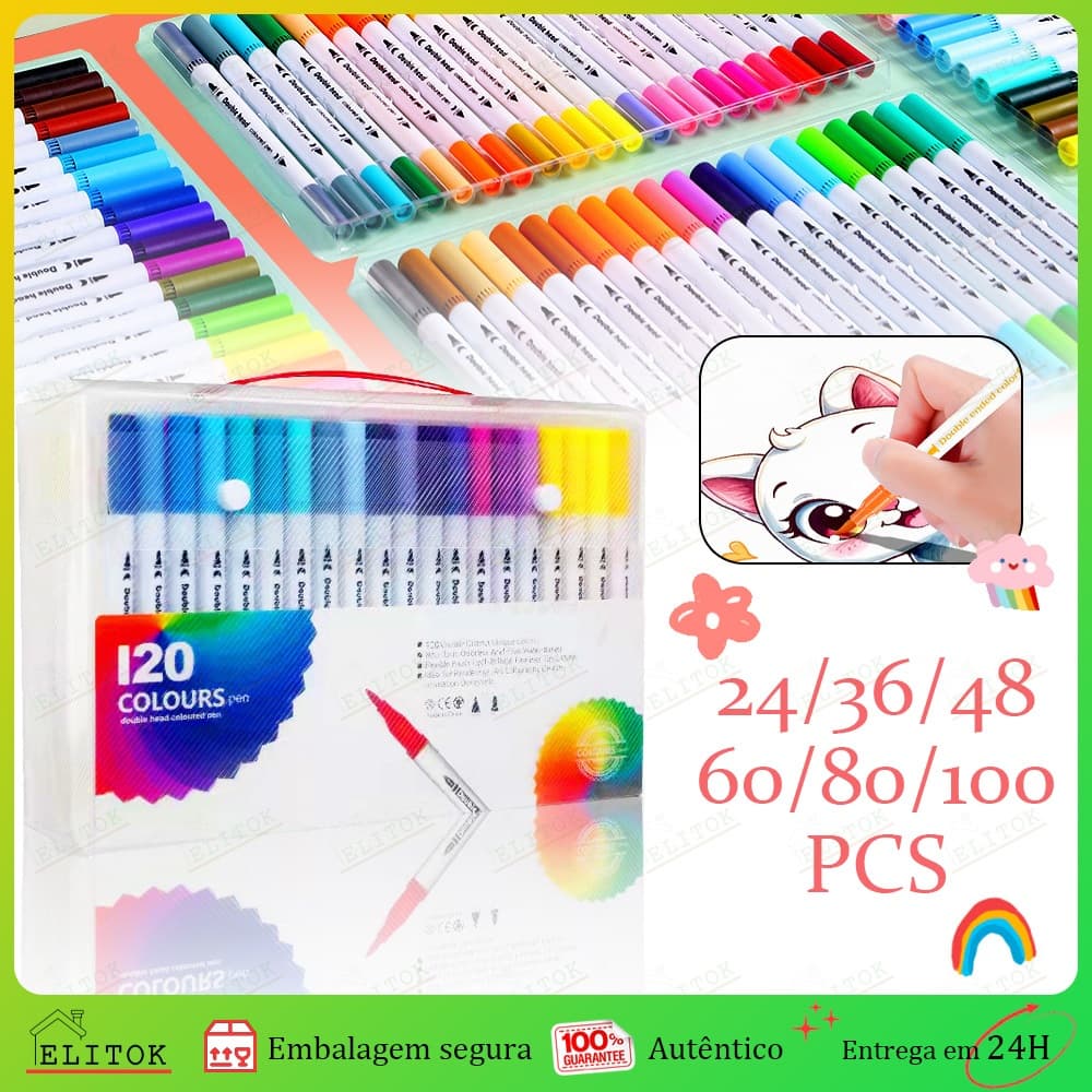 Kit Caneta 2 em 1 Brush Lettering e Ponta Fina Dual Pen Canetinha Colorir Desenho 24/36/48/60/80/100/120