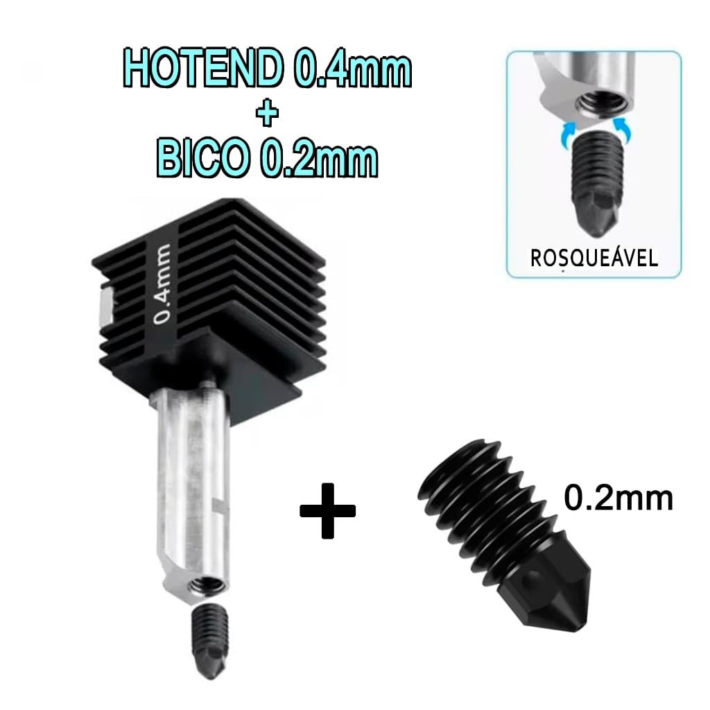 Hotend 0.4mm Com Bico Extra 0.2/0.4/0.6/0.8mm Bambu Lab A1 e A1 Mini Bico Aço Endurecido Removível