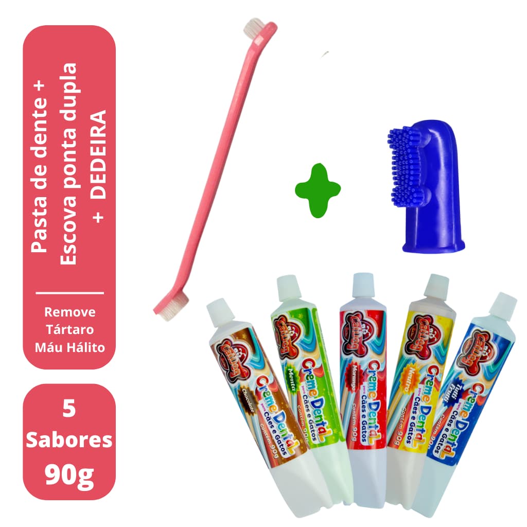 Kit Escova de Dente para Cachorro + Pasta Dente + Dedeira Pet 90g Cat Dog