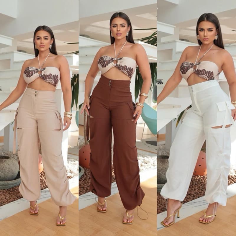 Calça Cargo Parachute Drapeada Sensorial Marrante Com Zíper e 2 Botões