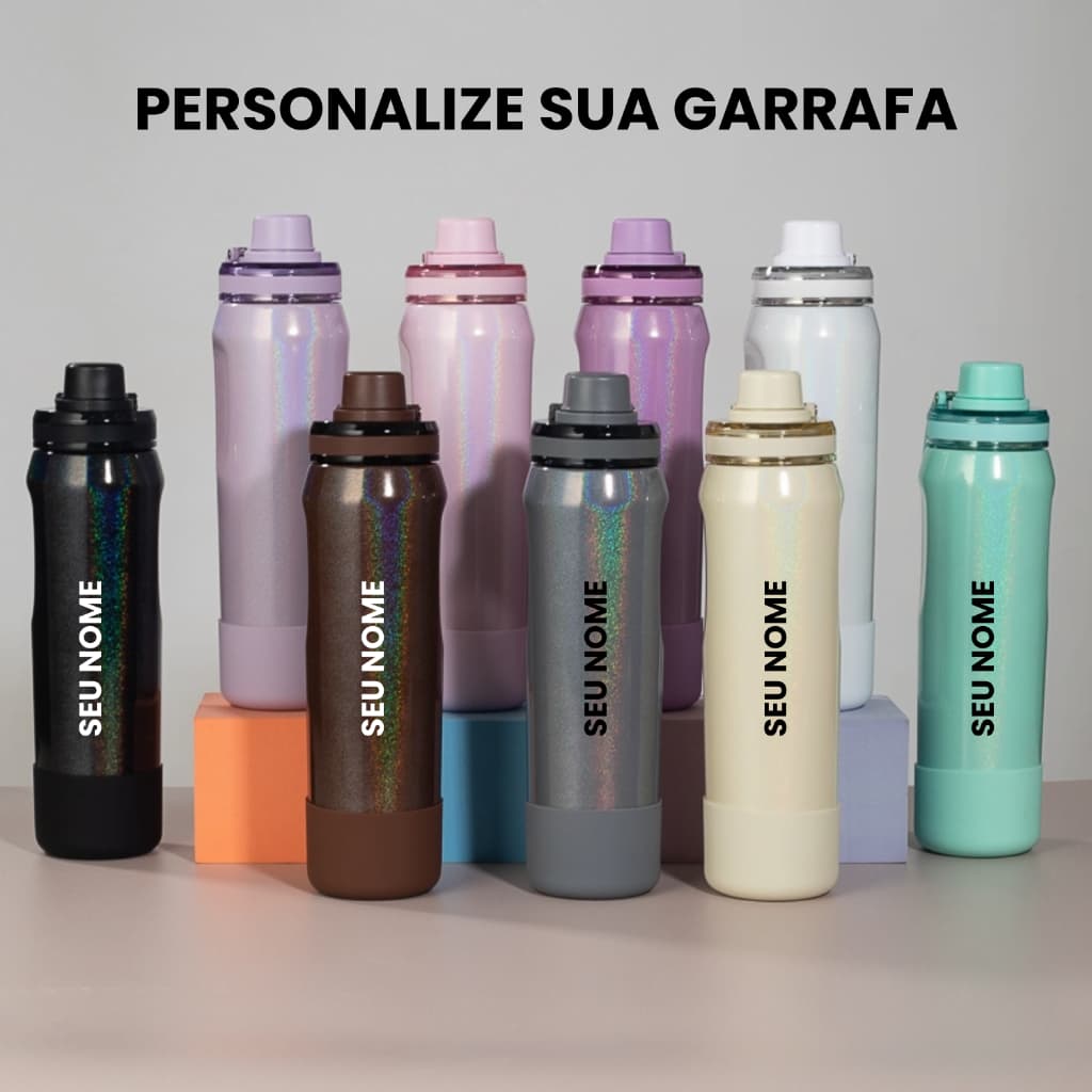 Garrafa Térmica 650ml Aço Inox Holográfico Personalizada Academia Esporte Bebida Gelada Quente Alça