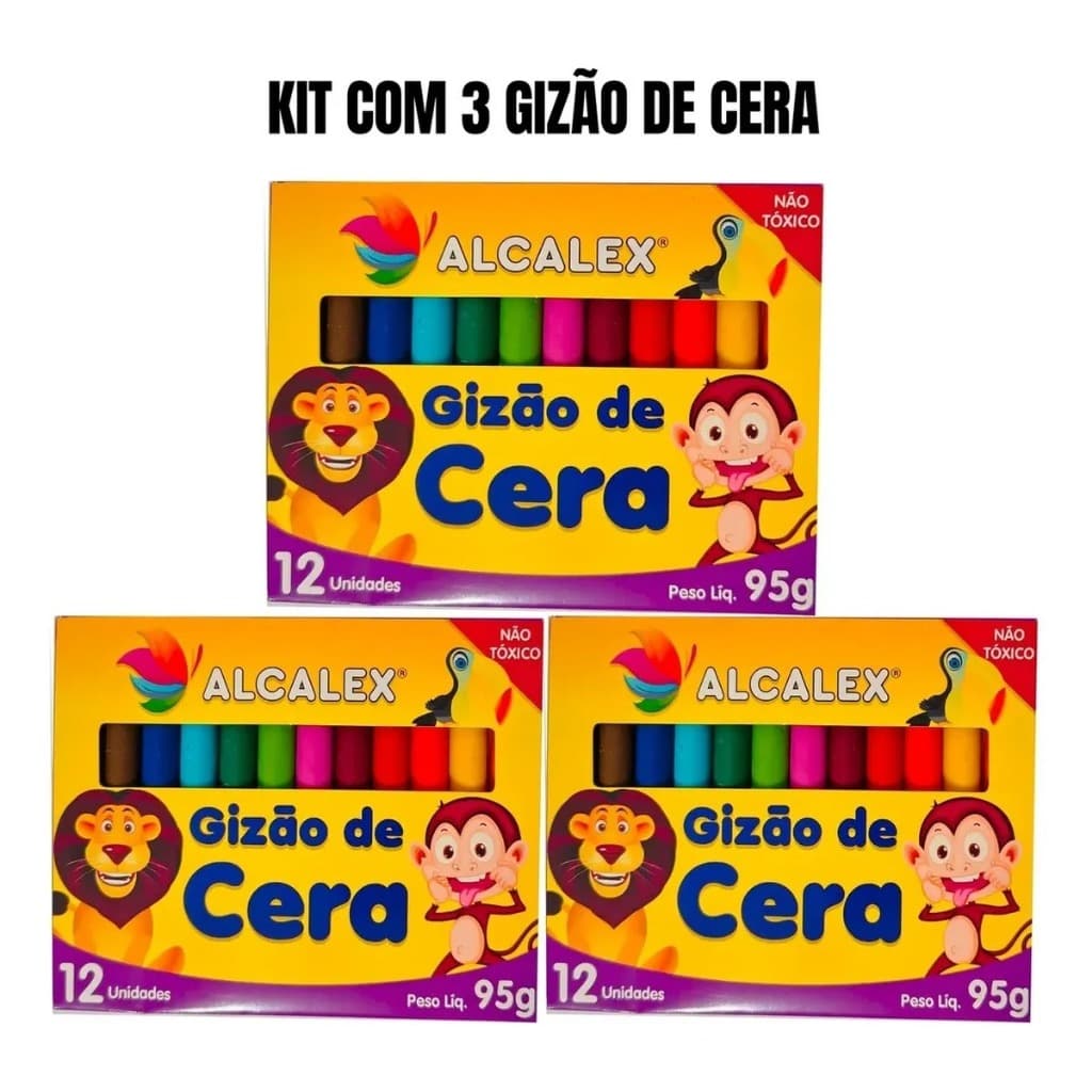 Gizão de Cera Alcalex kit 3 Caixas com 12 Cores Escolar e Festas