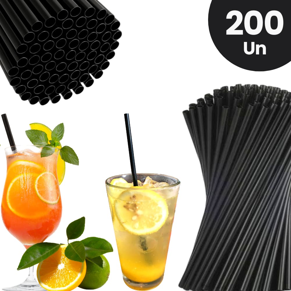 Canudo Descartável De Plástico Preto para Drinks | Canudo Long Drink Kit 200 a 1000 Un | Extra Largo