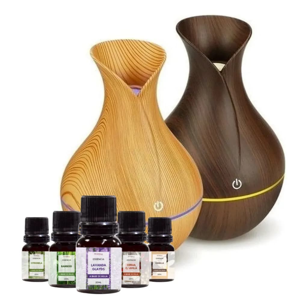 Kit 1und. Umidificador Aromatizador Vaso Difusor de Ambientes Ultrassônico + 5 Essências 10ml