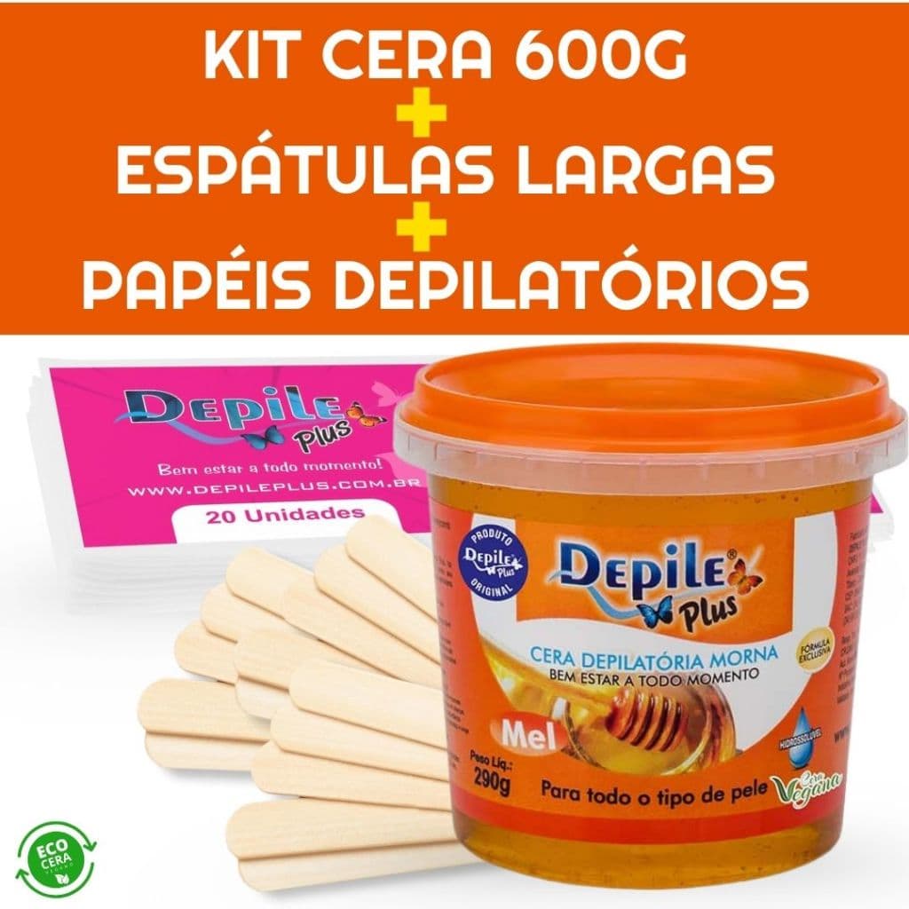Kit Cera Depilatoria 600g + Espátula Larga 15 Unidades + Papel Depilatorio 20 Unidades