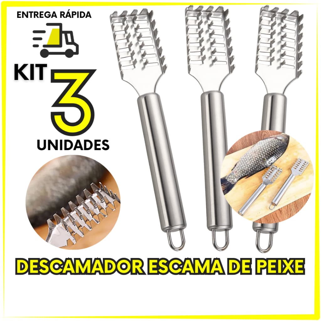 Kit 3 Unidades Descamador de Peixe Inox Removedor de Escamas Escamador Profissional Manual Premium