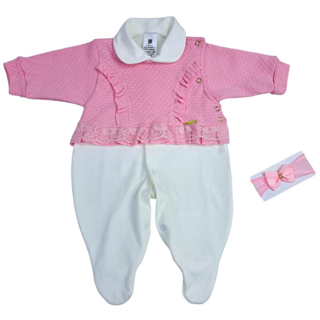 Macacão Bebê Menina Suedine Rosa Princesa Com Tiara