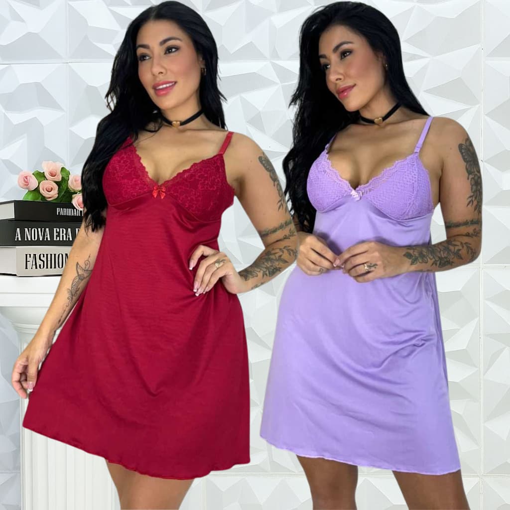Kit 2 Camisola Renda Feminina Pijama Sexy Sensual Lingerie Conforto Linha Noite sem Bojo