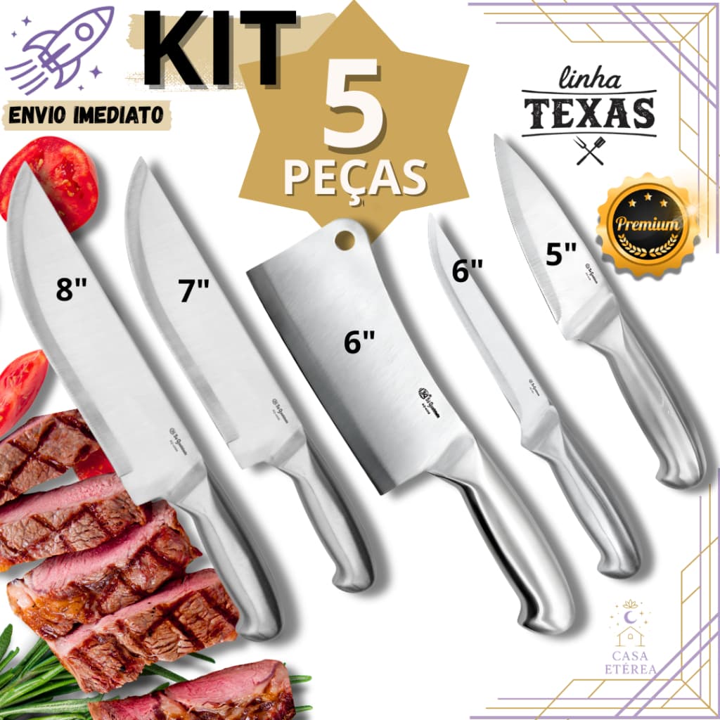 Kit 5 Facas Inox Inteiriça Profissional 8” Peixeira 5”e 7” Cutelo 6” Desossa 6” Açougue Restaurante Churrasco Peixaria