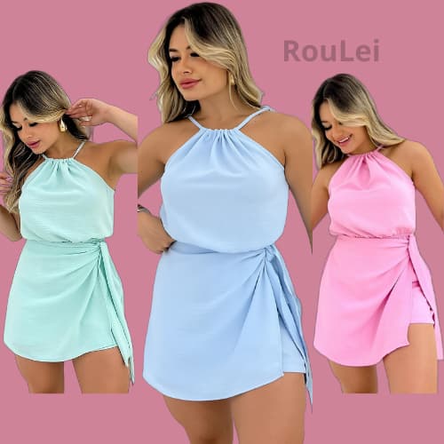 Macaquinho Feminino Short Saia com Forro Tecido Duna Liso -Macacão Feminino Vestido Verão Praia Soltinho tamanho P-GG-G1