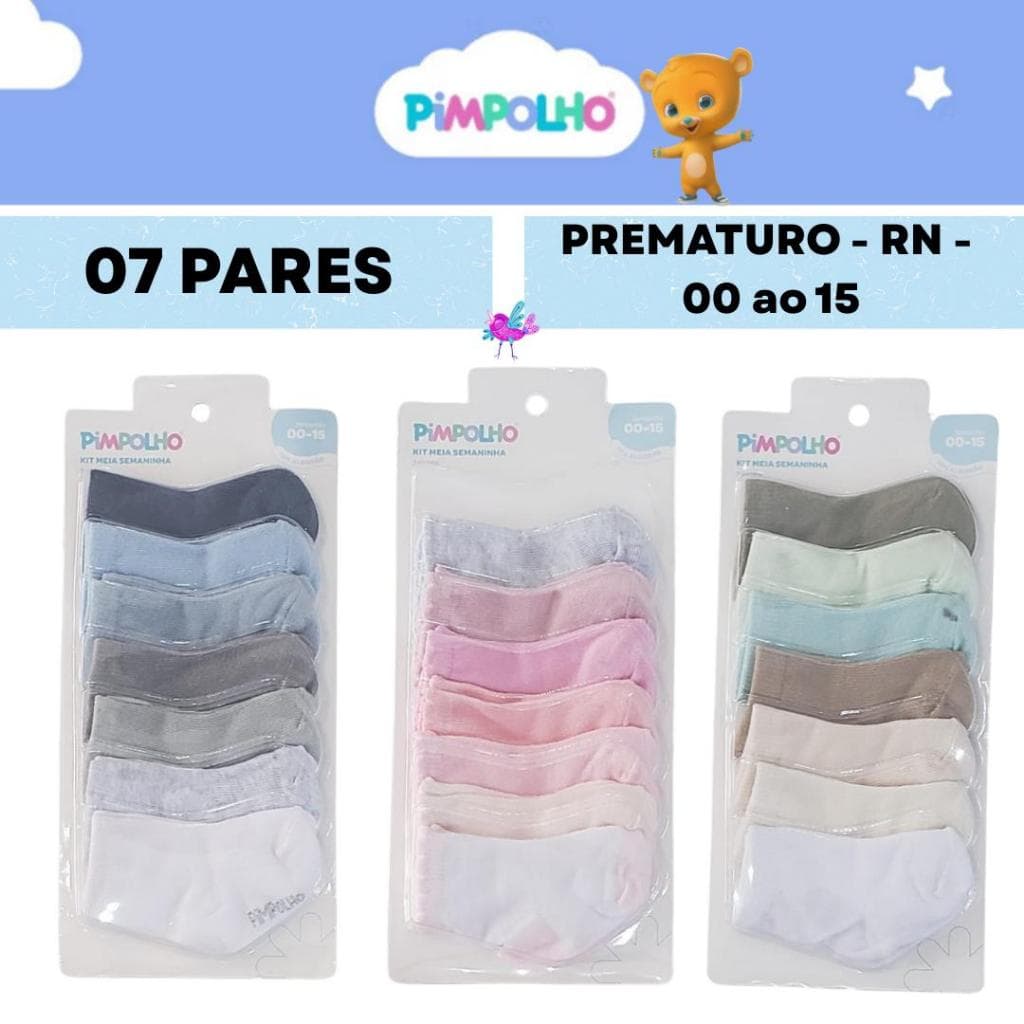 Kit 7 pares de meia LISAS Prematuro / RN / 00ao15 Masculina Feminina e Unissex