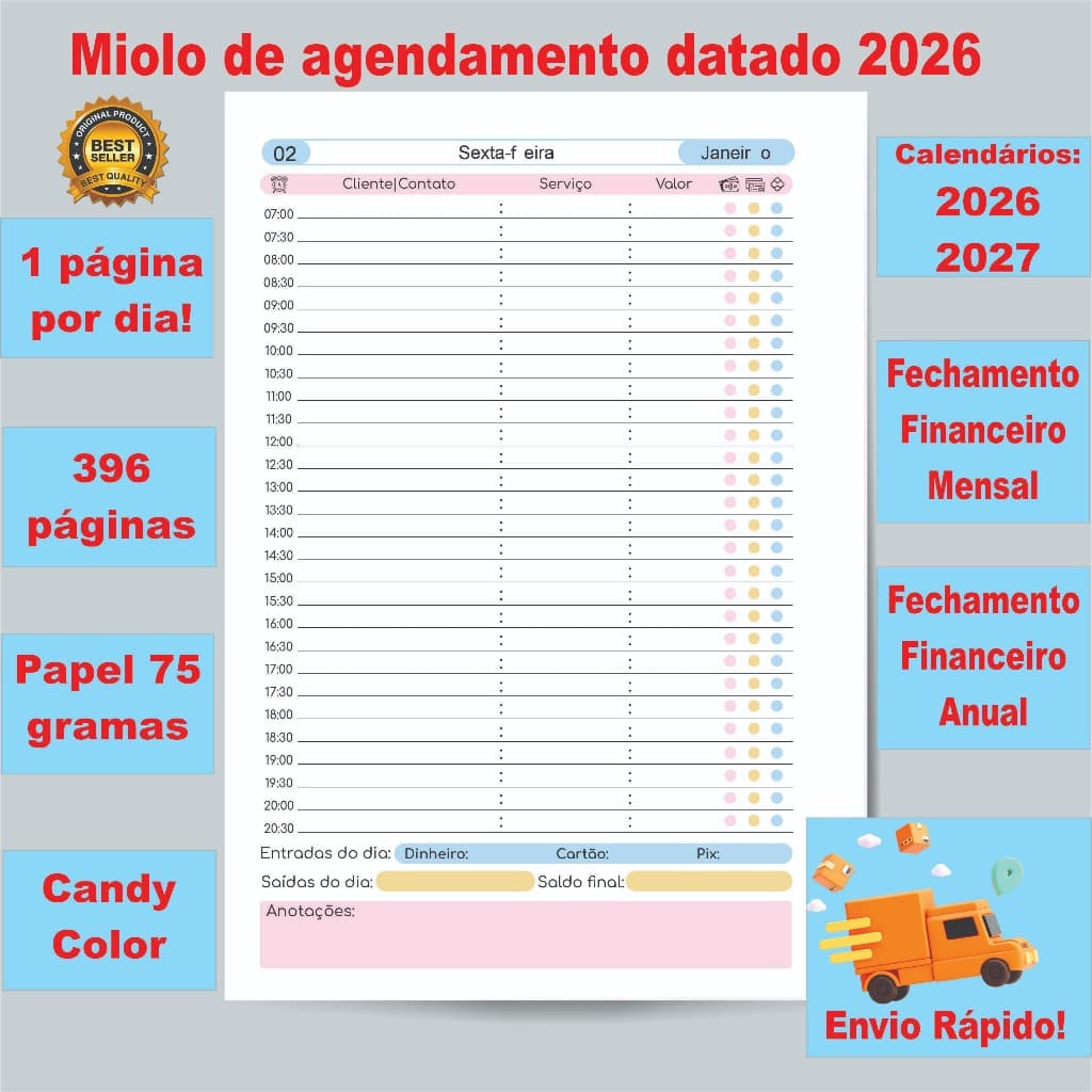 Miolo de agendamento planner datado 2026