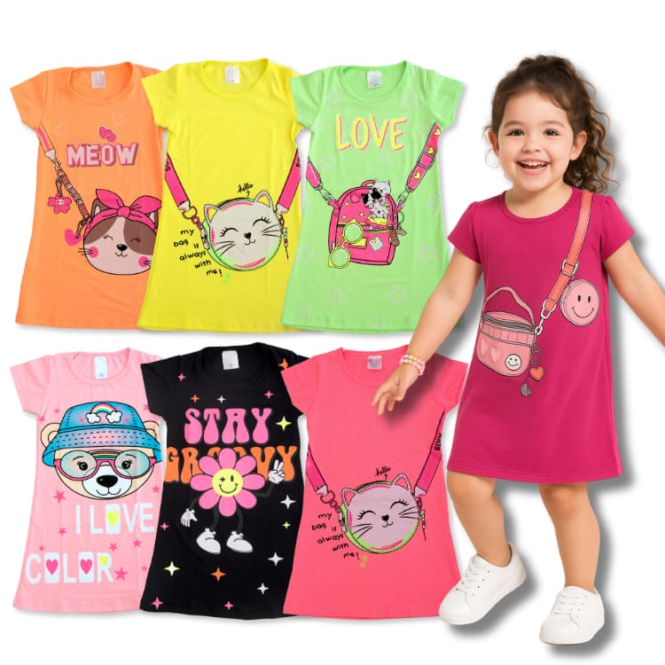 Kit Sortido Vestido Estampado Brilho Manga Curta em Cotton Menina/Feminino Infantil do 1 ao 8