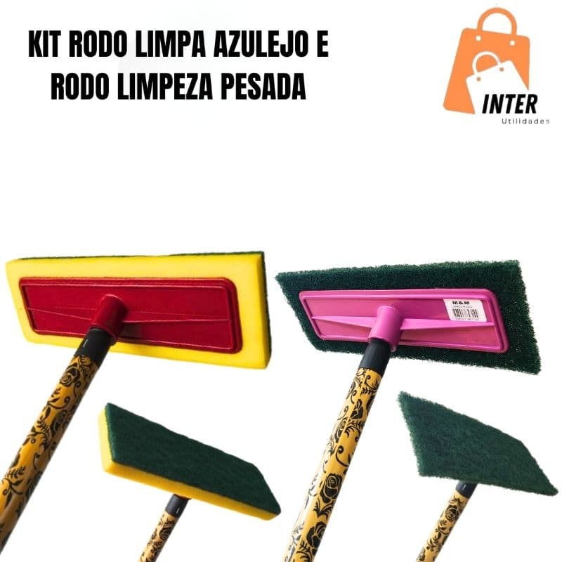 Kit misto 2 a 6 Lava azulejo e Rodo limpeza pesada esfregao abrasivo esponja limpa chao s/ cabo